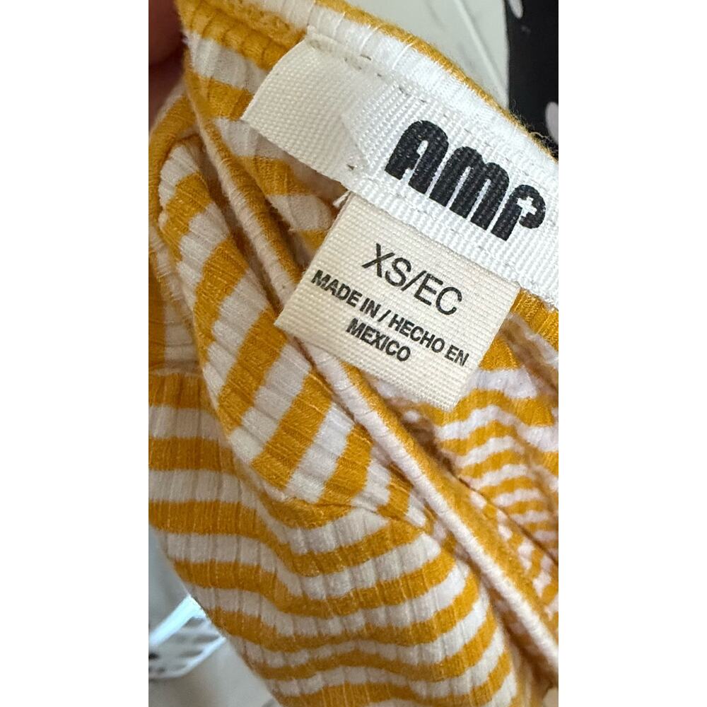 5/$35 AMP Womens Crop Top Sz XS Mustard Yellow White Striped Ribbed Knit V Neck - Picture 7 of 8